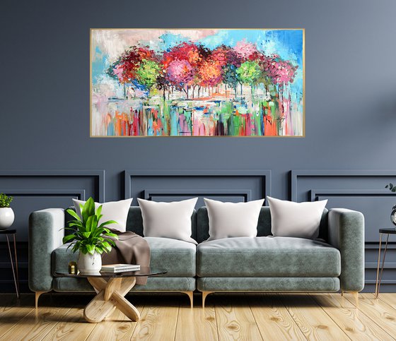 Forest Energy - Original Abstract Tree Painting, Colorful Trees Painting, Large Original Nature Landscape Modern Texture Painting Boho Wall Art Living Room Decor - Size: 48 x 24 inches (120 x 60 cm)