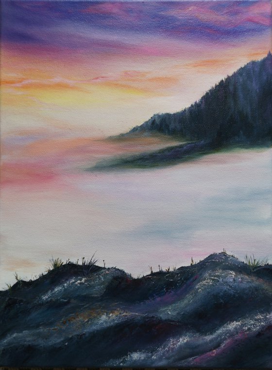 Infinity and Soul, oil painting, original gift, home decor, Bedroom, Living Room, Lake, Mountains, Sunset, Horizon, Calm, Fog, Tree, Meditation, Triptych