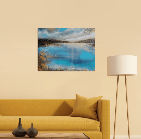 A large semi-abstract beautiful structured mixed media painting of a seascape with the sunrise "A new day" from "Silence" series