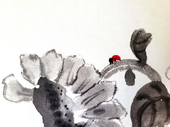 Monochromatic ink sunflowers and red ladybug - Oriental Chinese Ink Painting