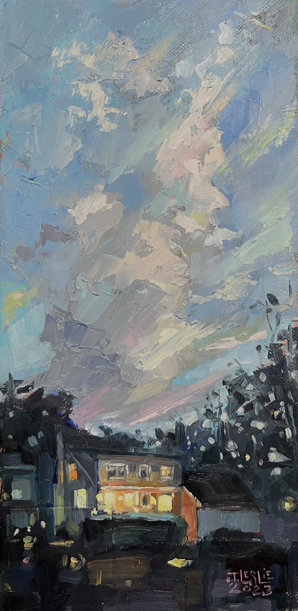 Impressionistic Landscape Oil Painting By Jimmy Leslie, 6 X 12, Neighbors House At Dusk, Original Artwork