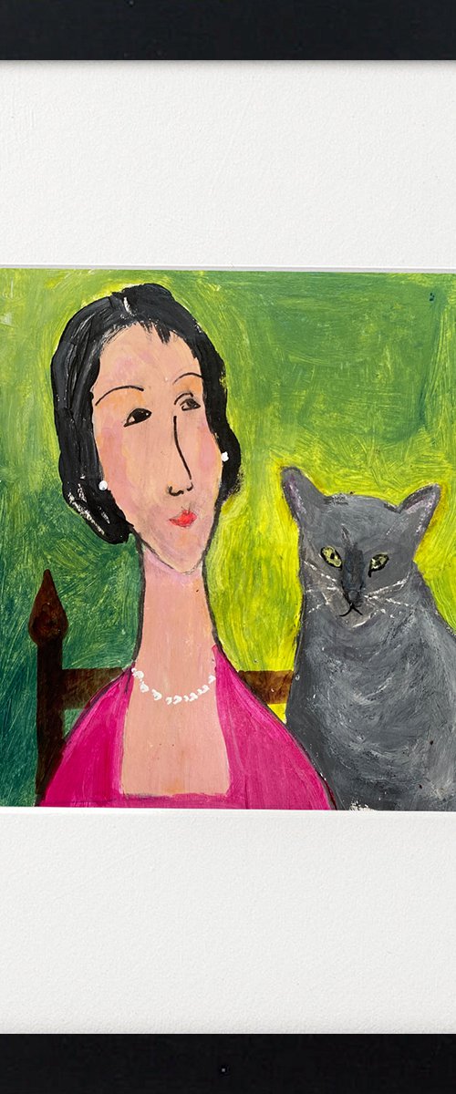 Woman grey cat framed by Teresa Tanner