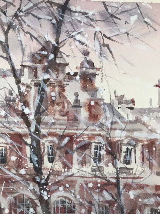 Old manor in winter. one of a kind, gift, original painting.