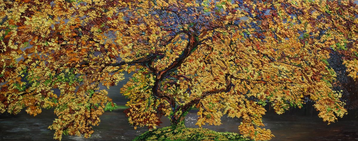 Impressionistic Landscape Oil Painting By Kenneth Halvorsen, 60 X 24", Golden Reach, Original Artwork