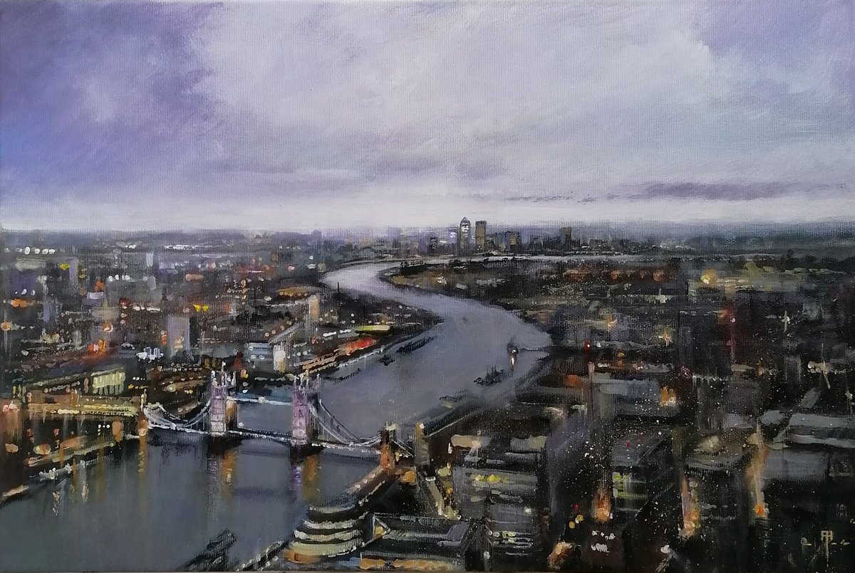 Impressionistic Cityscapes Acrylic Painting By Alan Harris, 24 X 16, The Thames At Dusk., Original Artwork