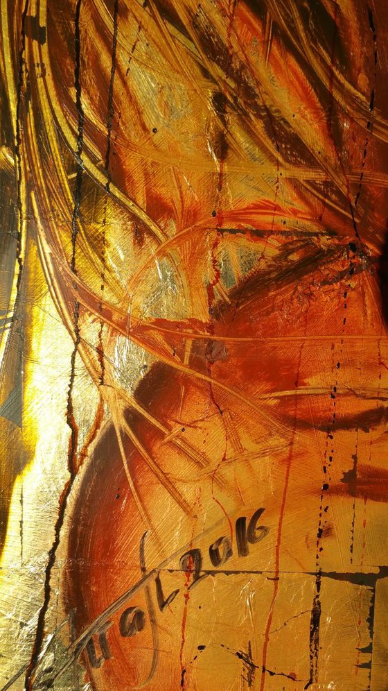 "Ginger gold", original mixed-media painting, 75.5x55.5x1 cm, ready to hang