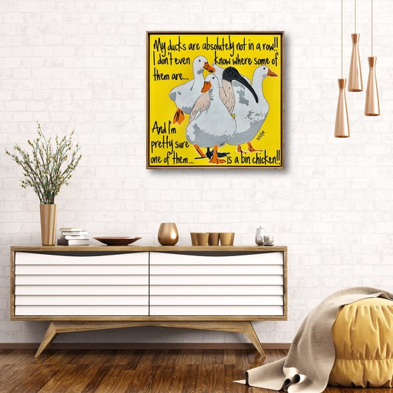 Ducks in a Row Yellow Bin Chicken Framed