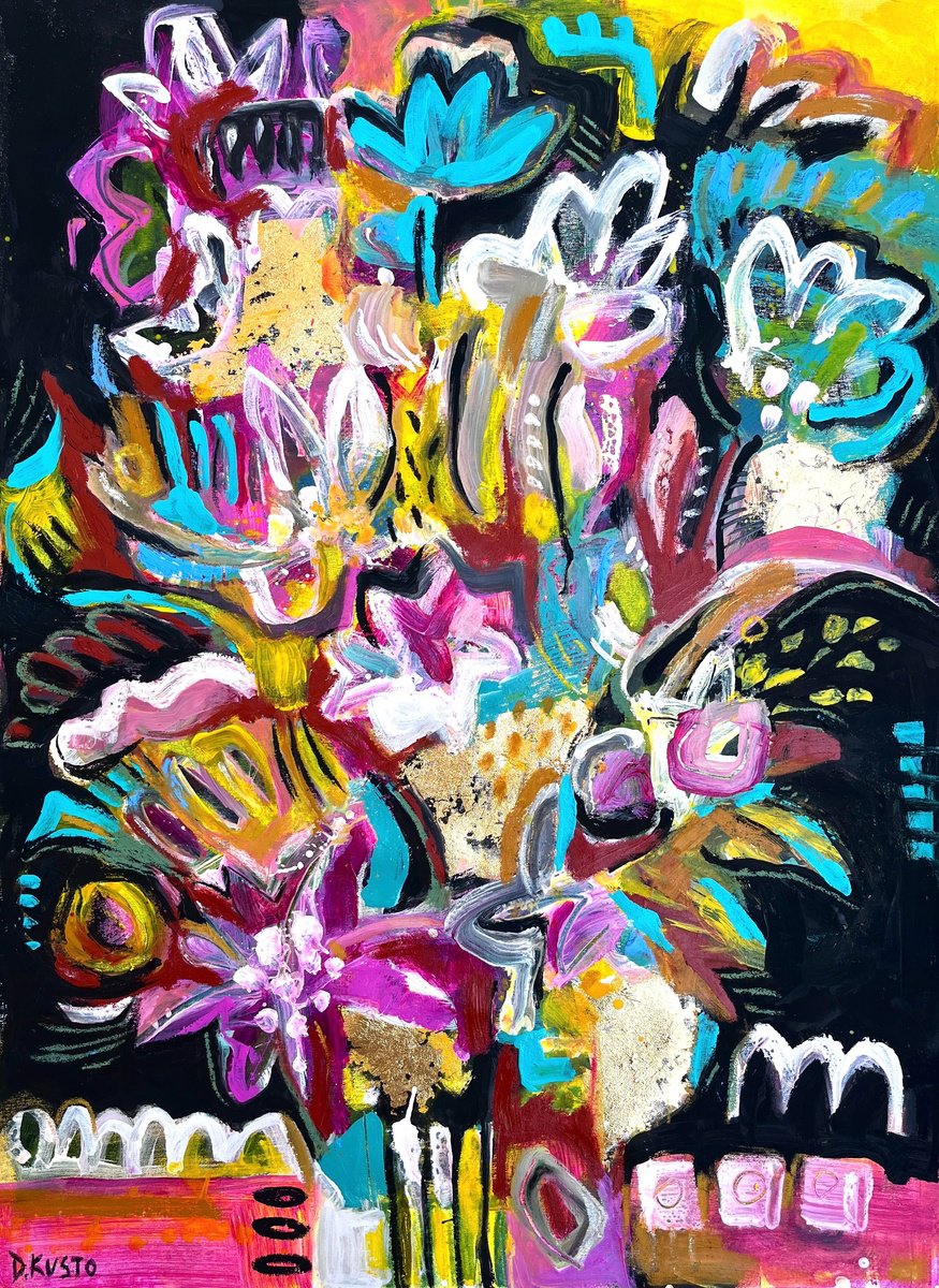 Expressive Botanical Painting By Daria Kusto, 31 X 43, Abstract Flowers, Original Artwork
