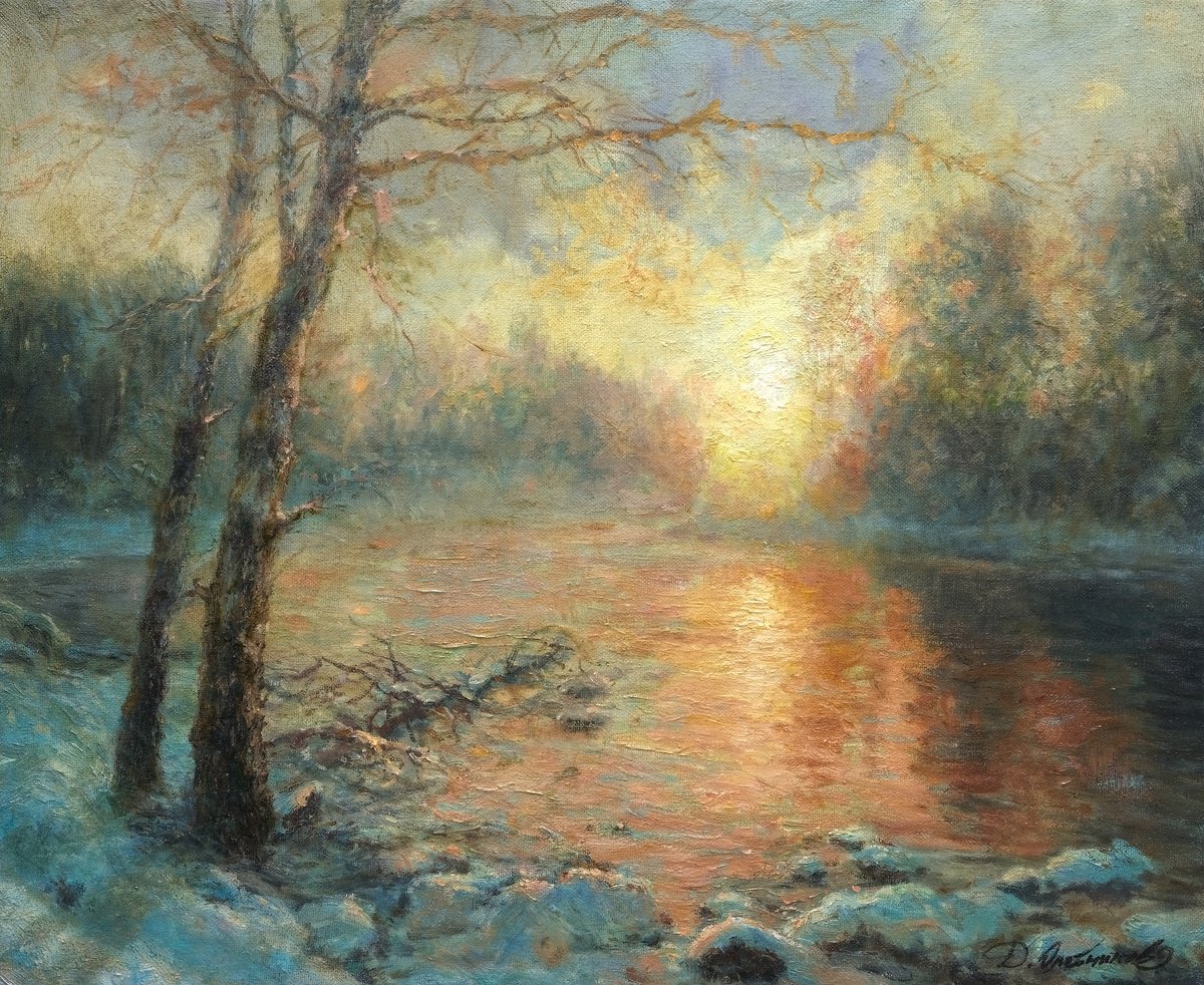Impressionistic Landscape Oil Painting By Dmitry Oleyn, 22 X 18, Sunrise, Original Artwork