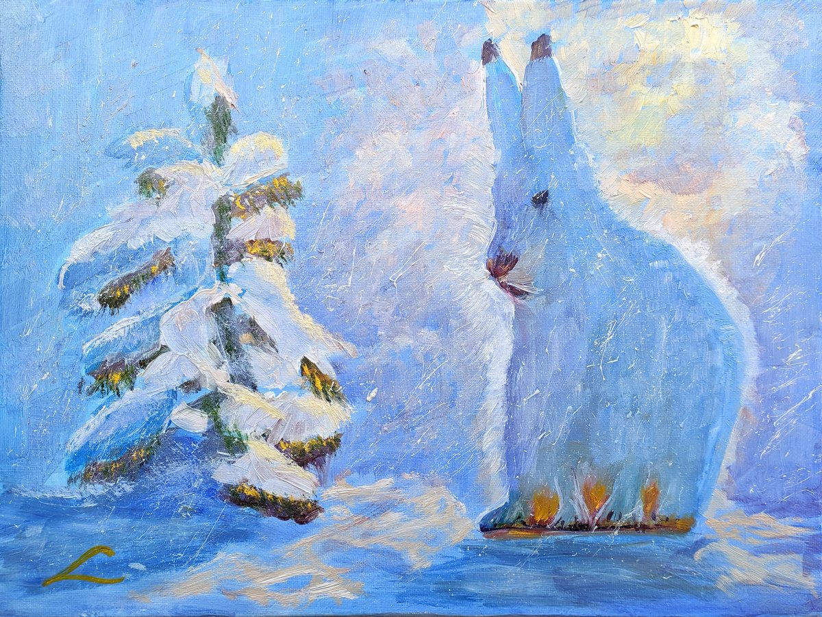 Impressionistic Animal Oil Painting By Elena Sokolova, 16 X 12, Winter Rabbit, Original Artwork
