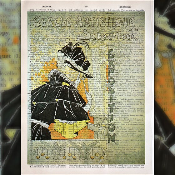 Cercle Artistique de Schaerbeek Exposition - Collage Art Print on Large Real English Dictionary Vintage Book Page