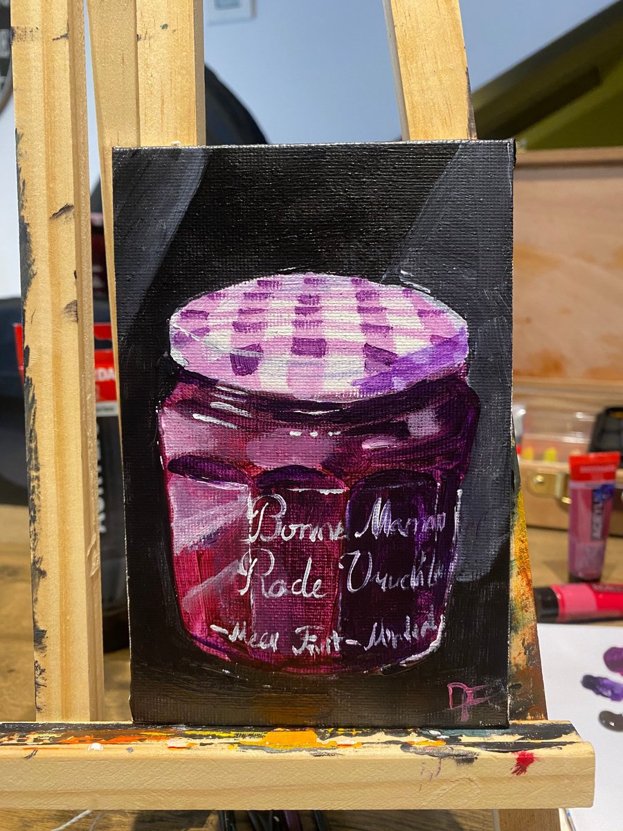 Impressionistic Still Life Acrylic Painting By Dmitry Fedorov, 4 X 6, Bonne Maman Raspberry, Original Artwork