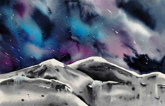 Northern Lights painting \Moutain range painting