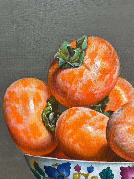 Original Still life oil painting:persimmons on the table
