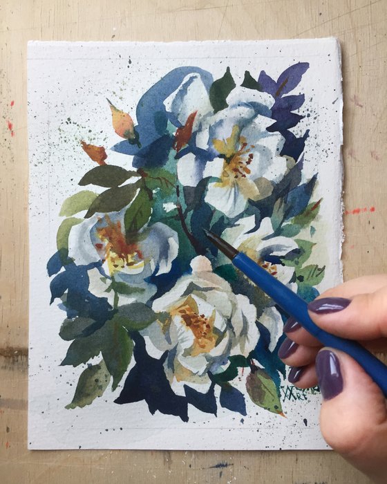 "White rosehip", a miniature painting of flowers.