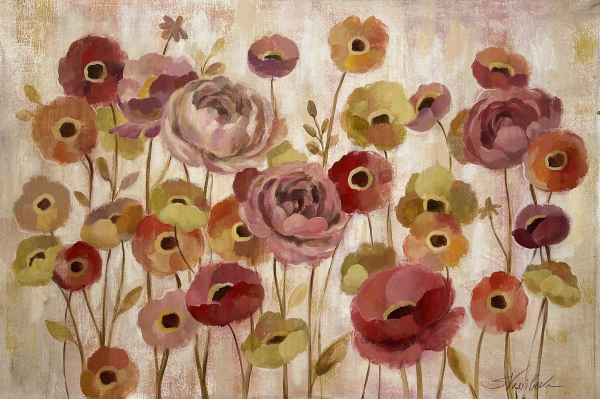 Impressionistic Botanical Acrylic Painting By Silvia Vassileva, 35 X 24", Blushing Flowers, Original Artwork