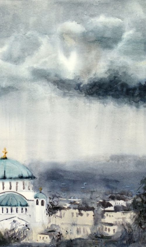 Raining on St. Sava church Belgrade by Nenad Kojić watercolorist