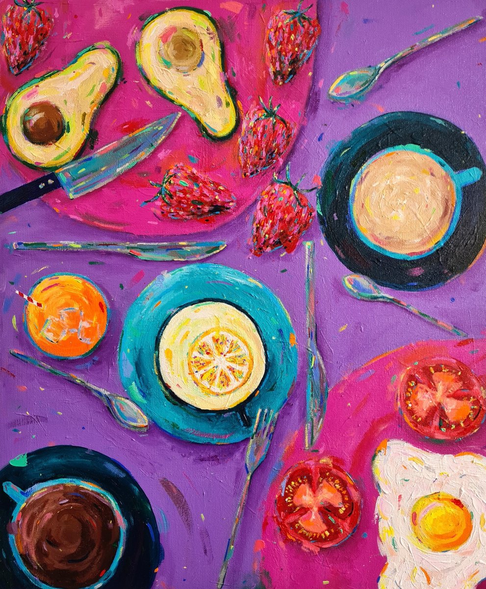 Impressionistic Still Life Acrylic Painting By Dawn Underwood, 20 X 24, Brunch, Original Artwork