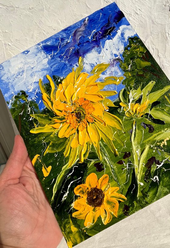 Sunflower Painting Floral Original Art Flower Small Oil Impasto Artwork 8 by 10" by Halyna Kirichenko