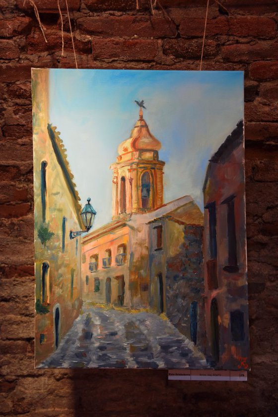 Original oil painting on canvas Italian street, Erice
