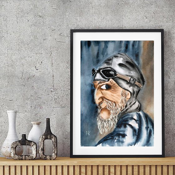 Pilot Painting Aviator Original Art Old Man Watercolor Portrait Artwork Small Home Wall Art 8 by 12" by Halyna Kirichenko