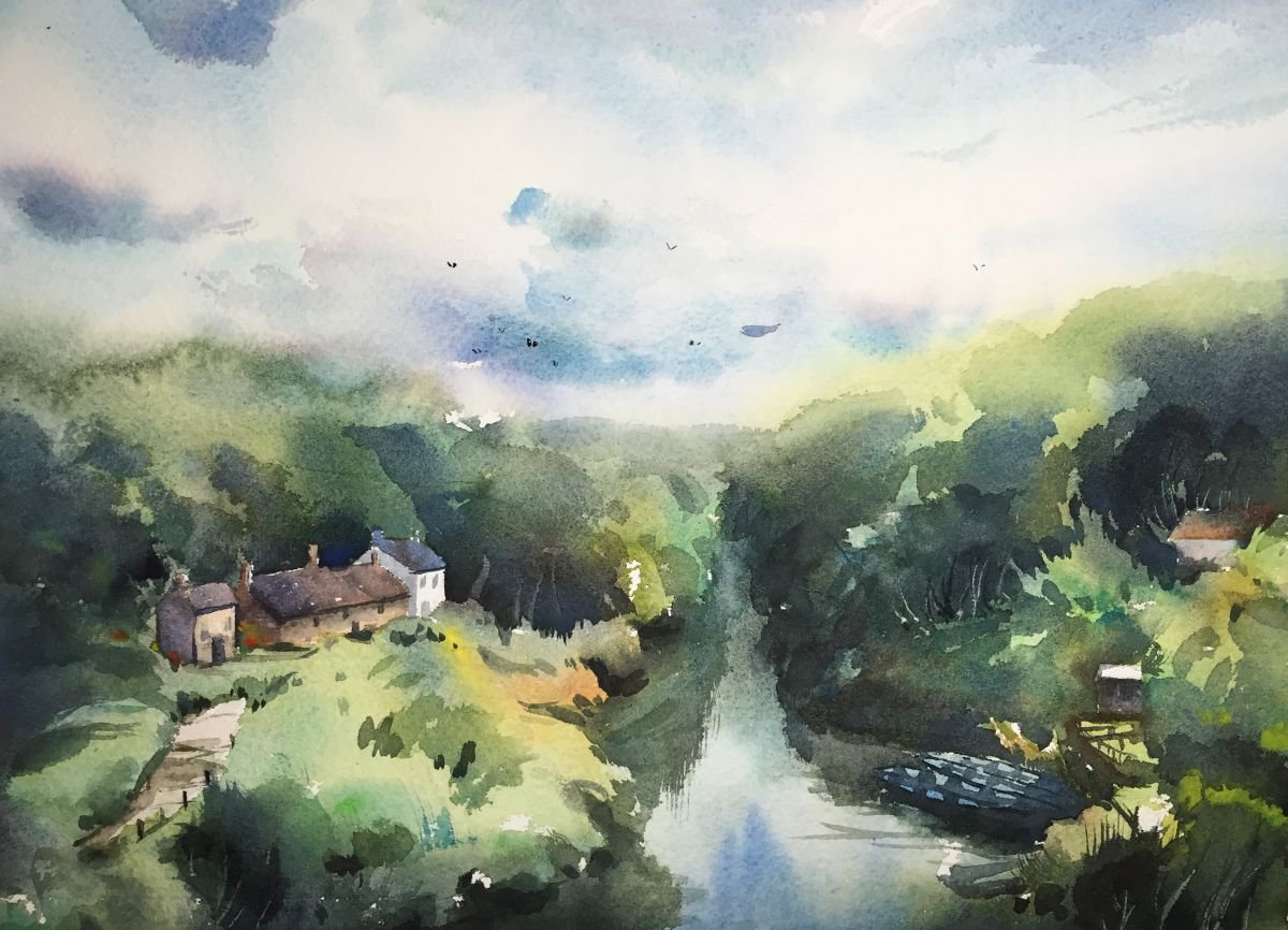 Impressionistic Landscape Watercolour By Jing Chen, 15 X 11, Hidden Away 2, Original Artwork