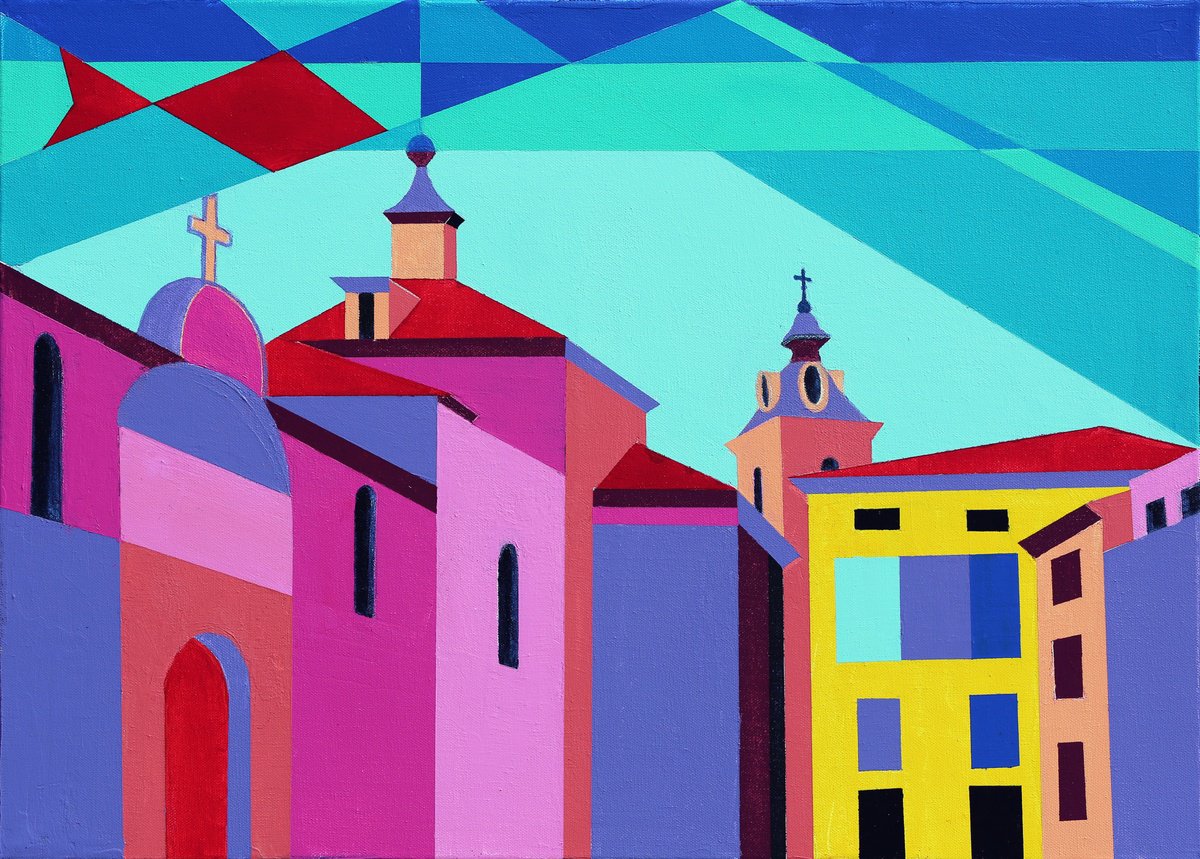 Geometric Cityscapes Acrylic Painting By Denys Kuvaiev, 28 X 20, Plaza De Santa Teresa, Original Artwork