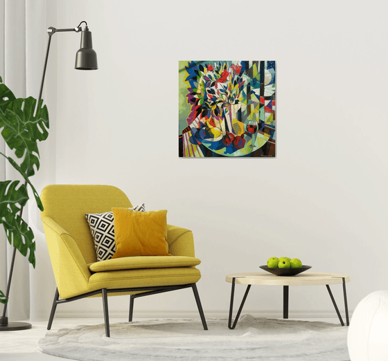 Still life with wine and pomegranates (80x80cm, cubism, oil painting, ready to hang)