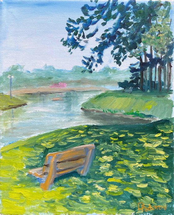 Sunny day at the lake in the park. Pleinair