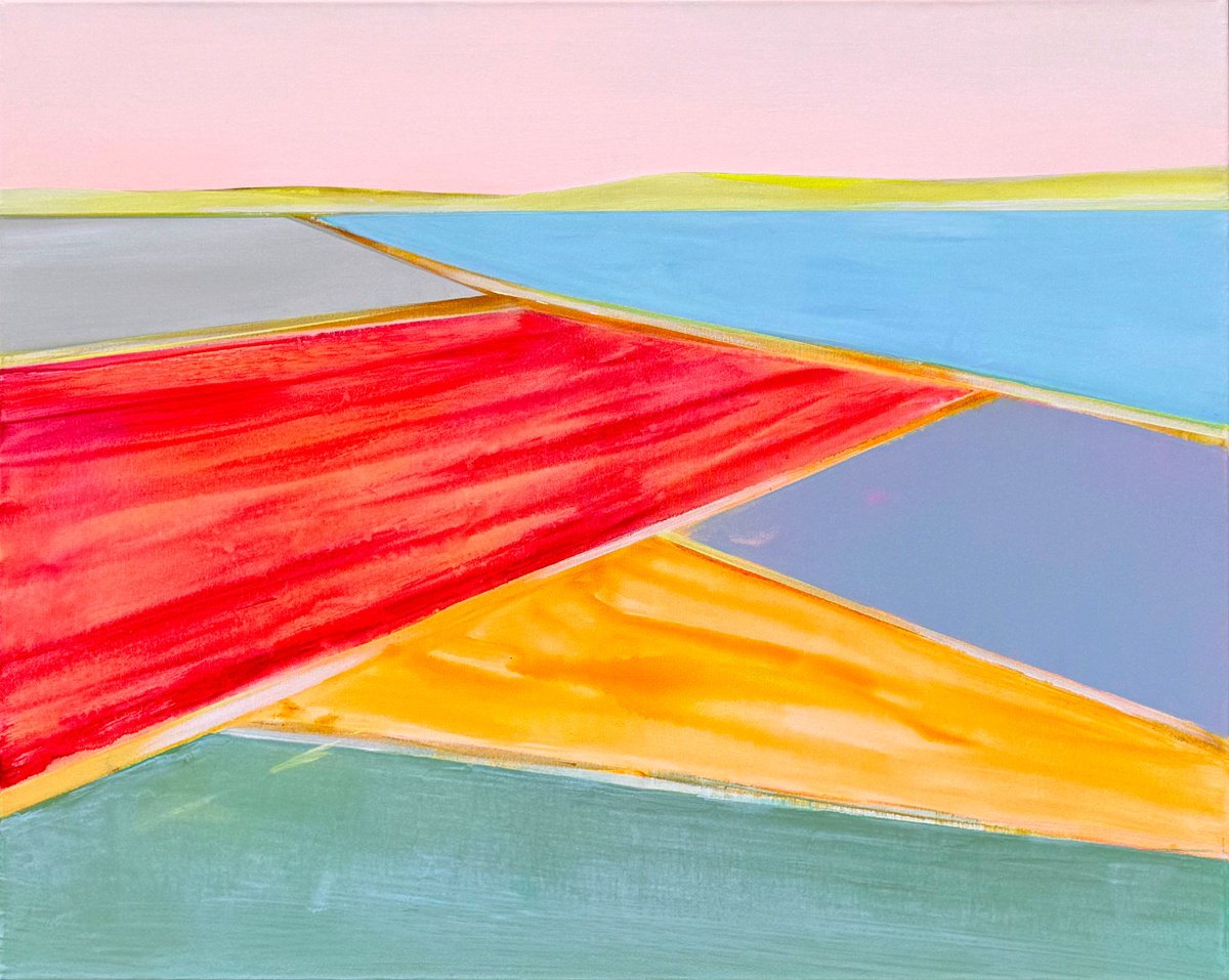 Geometric Landscape Acrylic Painting By Katrin Roth, 41 X 33", Horizon Of Joy, Original Artwork
