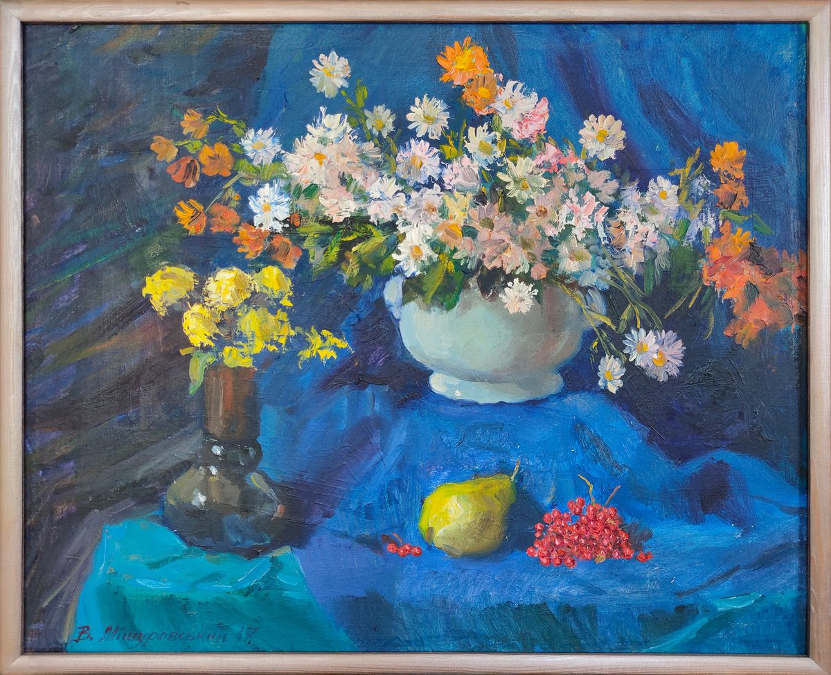 Impressionistic Still Life Oil Painting By Viktor Mishurovskiy, 24 X 20", Chrysanthemums On A Blue Background, Original Artwork