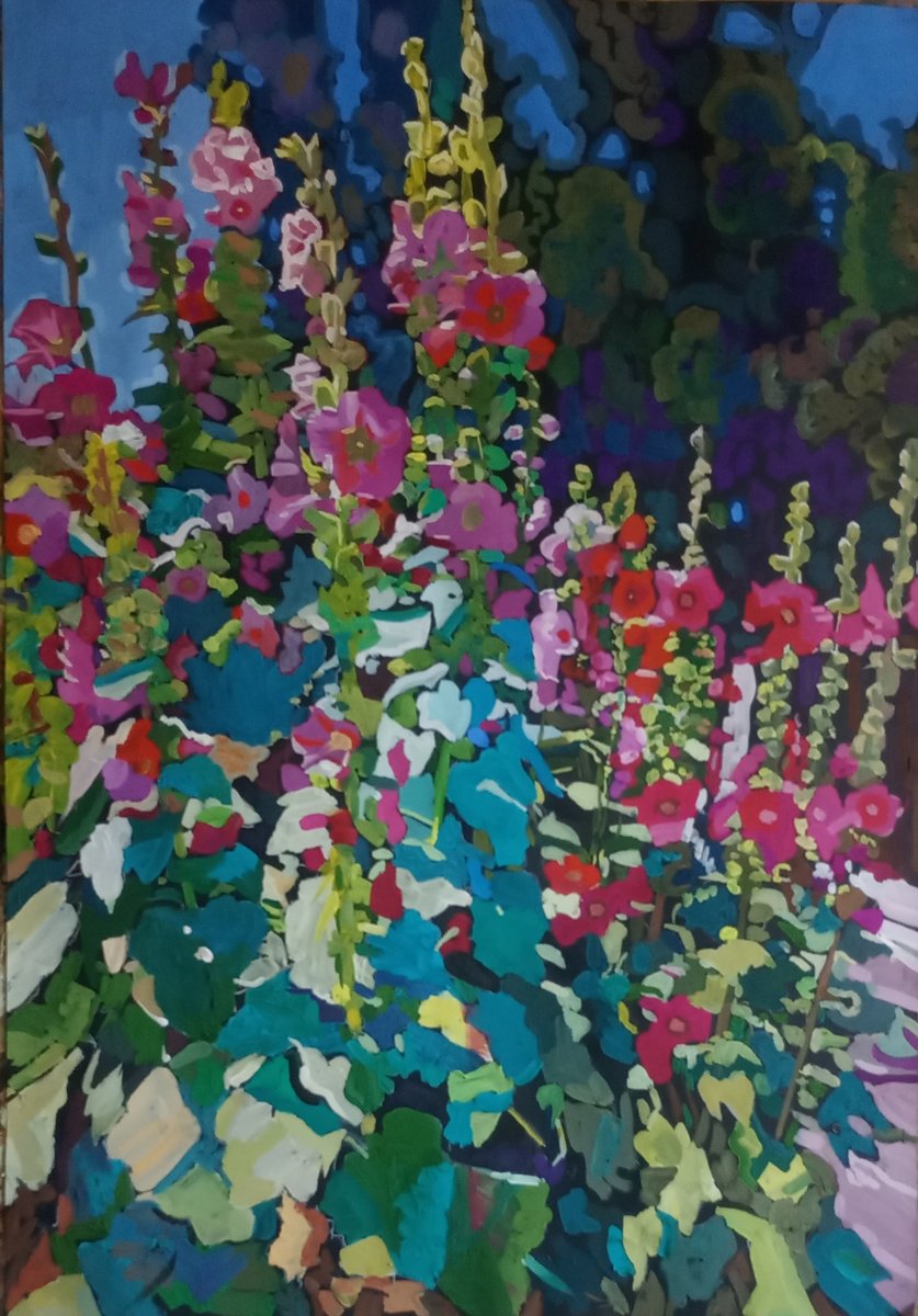 Impressionistic Botanical Painting By Valentina Kachina, 28 X 39", Mallow Bush, Original Artwork