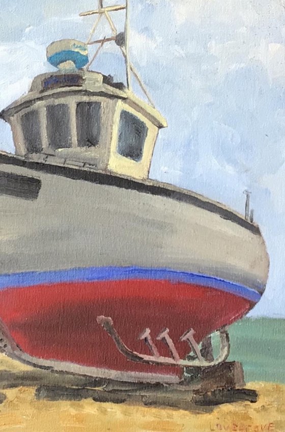 Fishing boat on the sand, an original oil painting.