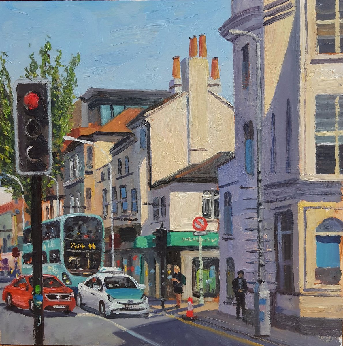 Impressionistic Cityscapes Oil Painting By Roberto Ponte, 14 X 14", Brighton London Rd, Original Artwork
