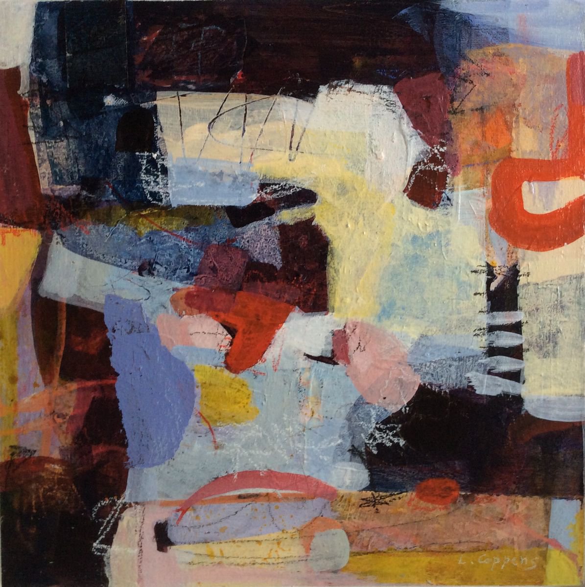 Abstract Acrylic Painting By Linda Coppens, 12 X 12", Blue Song, Original Artwork