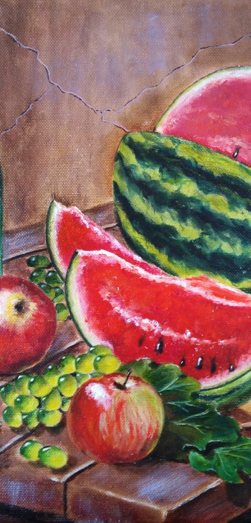 Watermelon and a flask of wine by Liubov Samoilova
