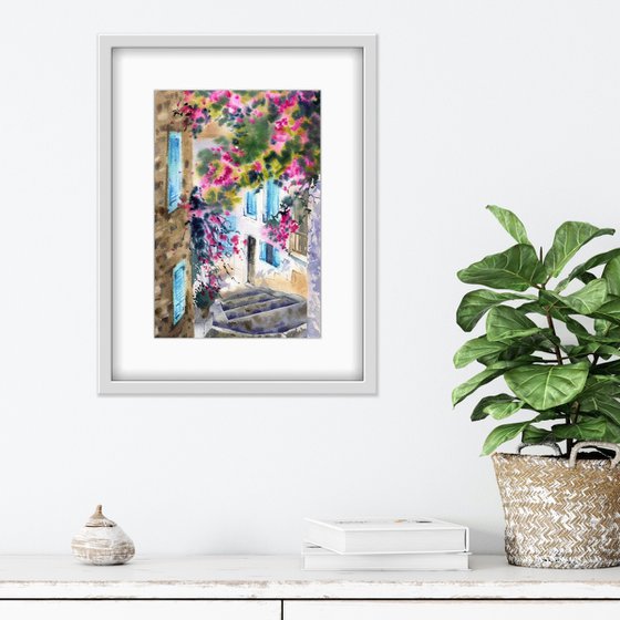 Walk along the Turkish street with blooming bougainvillea. Original artwork.