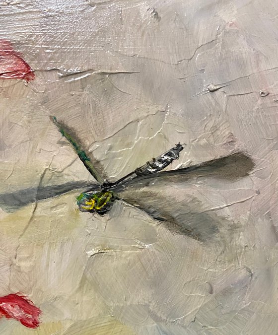 Dragonfly zinnias original oil painting on Gessoed Masonite 8x10