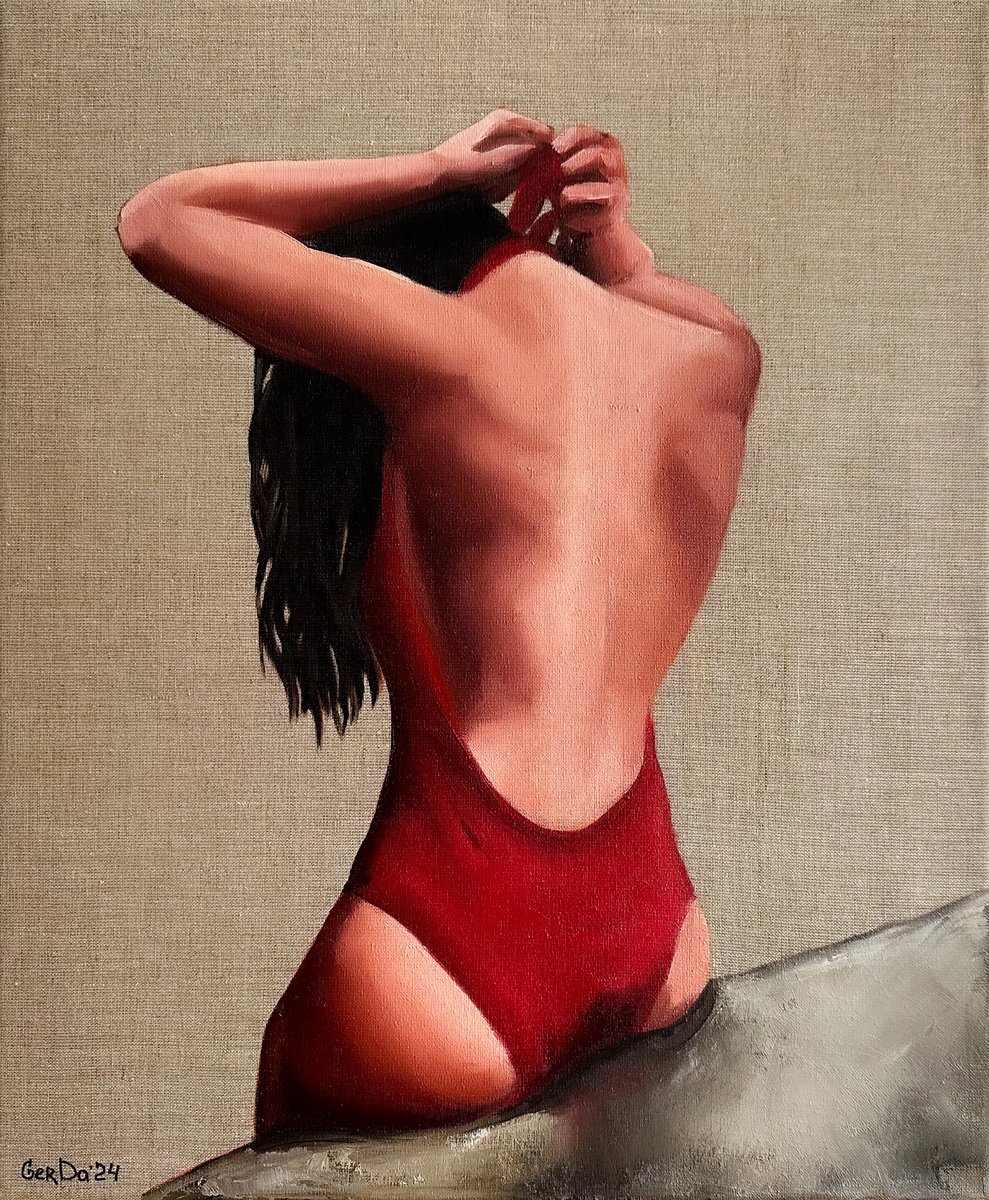 Photorealistic Portrait Oil Painting By Daria Gerasimova, 20 X 24, Girl In Red Swimsuit, Original Artwork