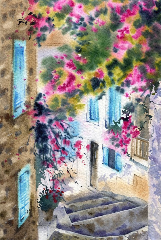 Walk along the Turkish street with blooming bougainvillea. Original artwork.