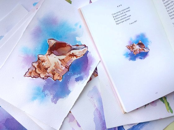 Still life "Summer seashell at the sea" original watercolor painting postcard