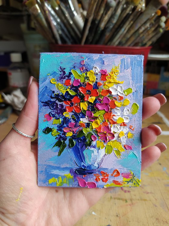 Bouquet of flowers - small painting, oil painting, flowers, postcard, bouquet, gift idea, gift, flowers oil painting