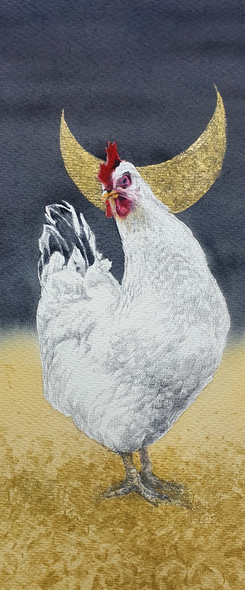 White chicken at yellow field by Natasha Sokolnikova