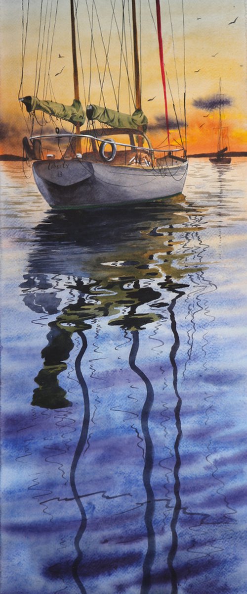 "Boat" 2021 Watercolor 25x70 by Eugene Gorbachenko