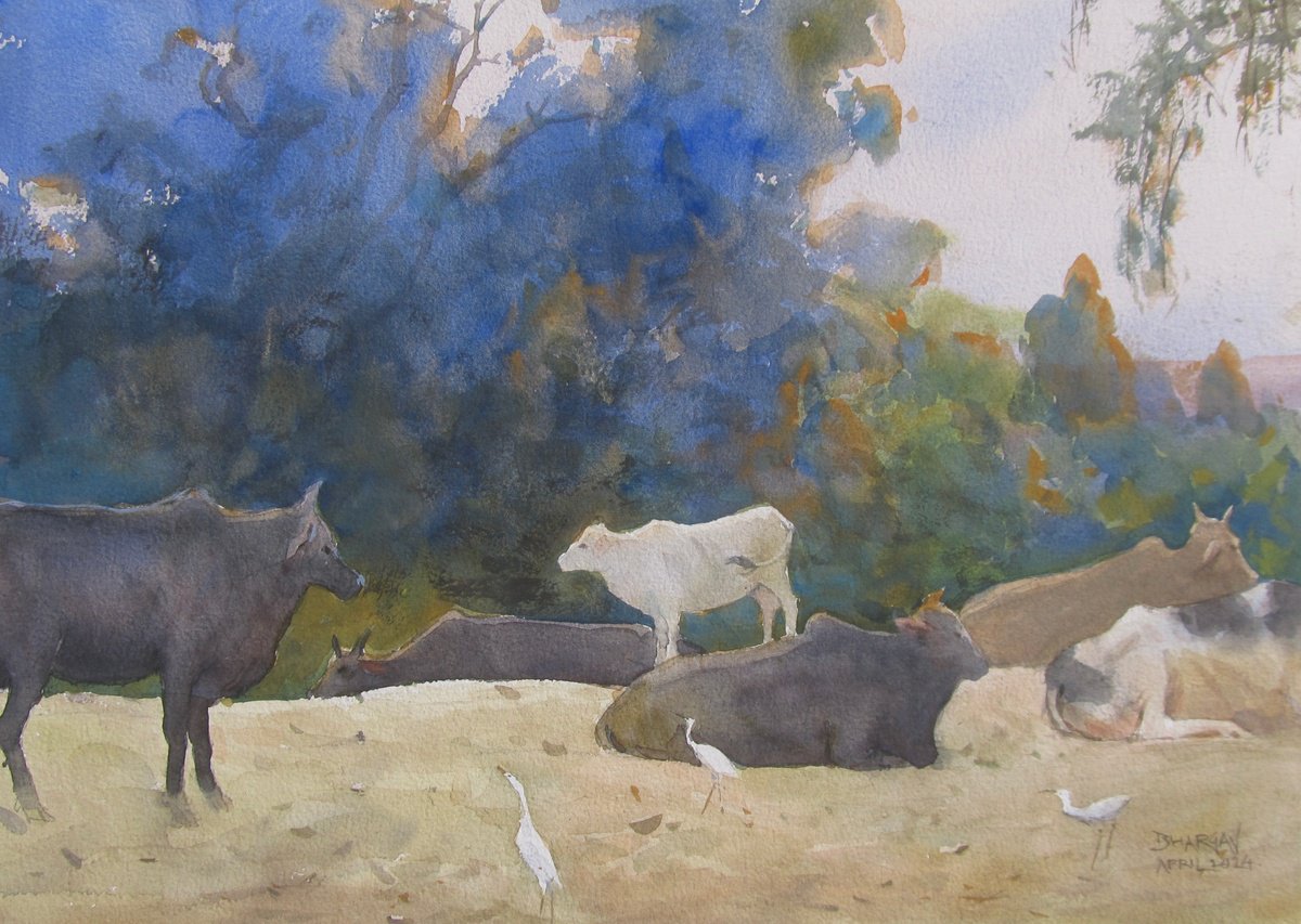 Impressionistic Landscape Watercolour By Bhargavkumar Kulkarni, 17 X 12, Evening Stroll, Original Artwork