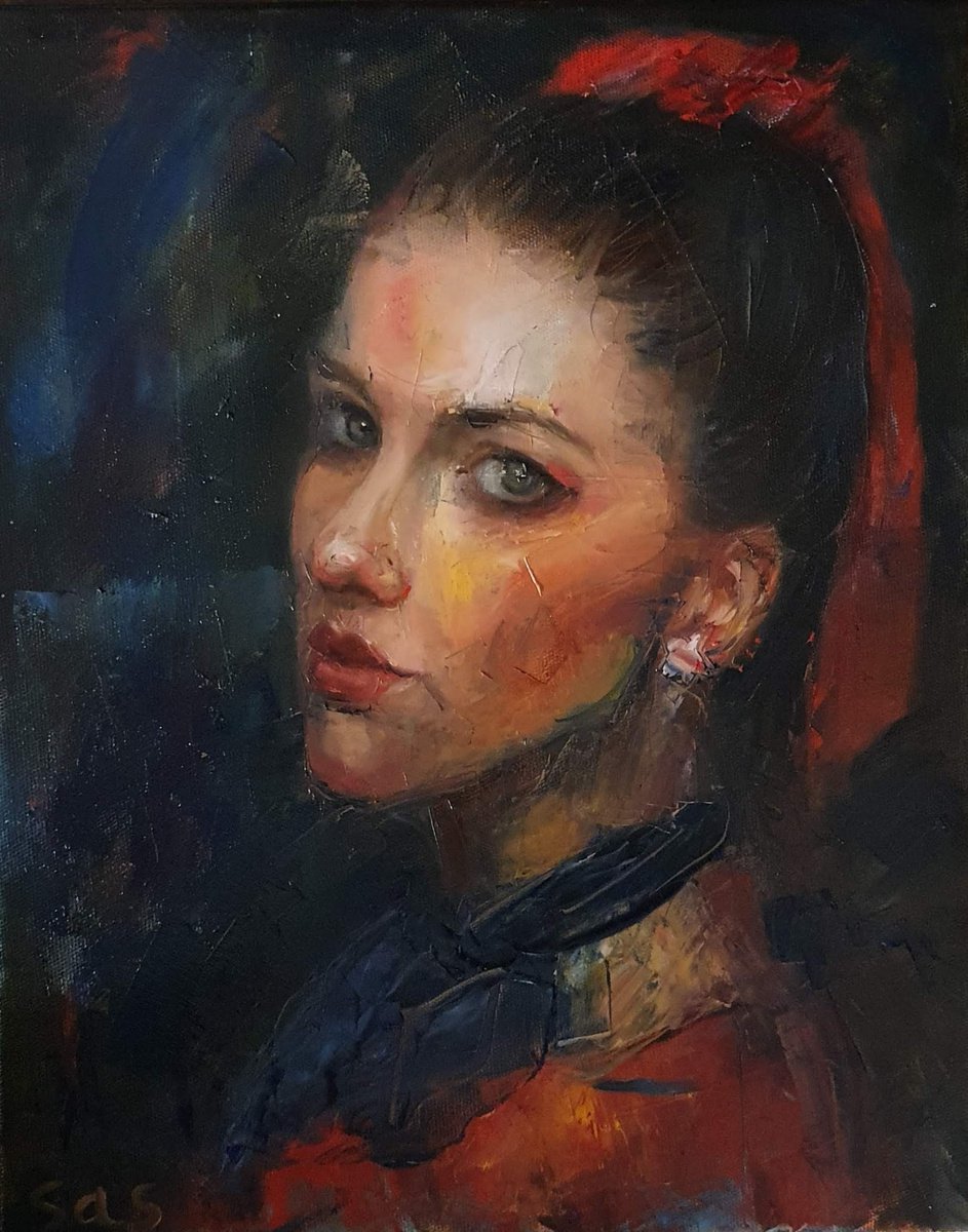 Impressionistic Portrait Oil Painting By Liubou Sas, 16 X 20", Girl With A Blue Scarf, Original Artwork