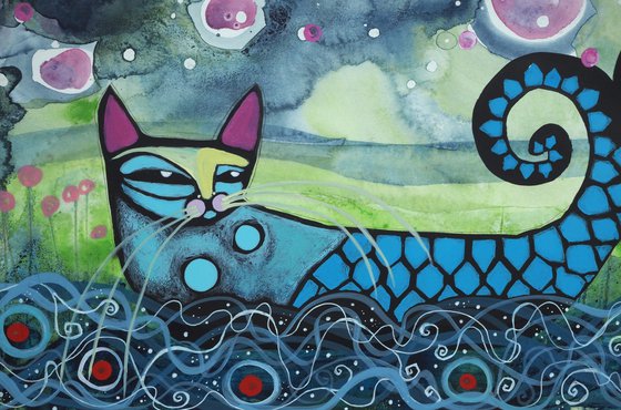 Happy Night Swim - funny cat art