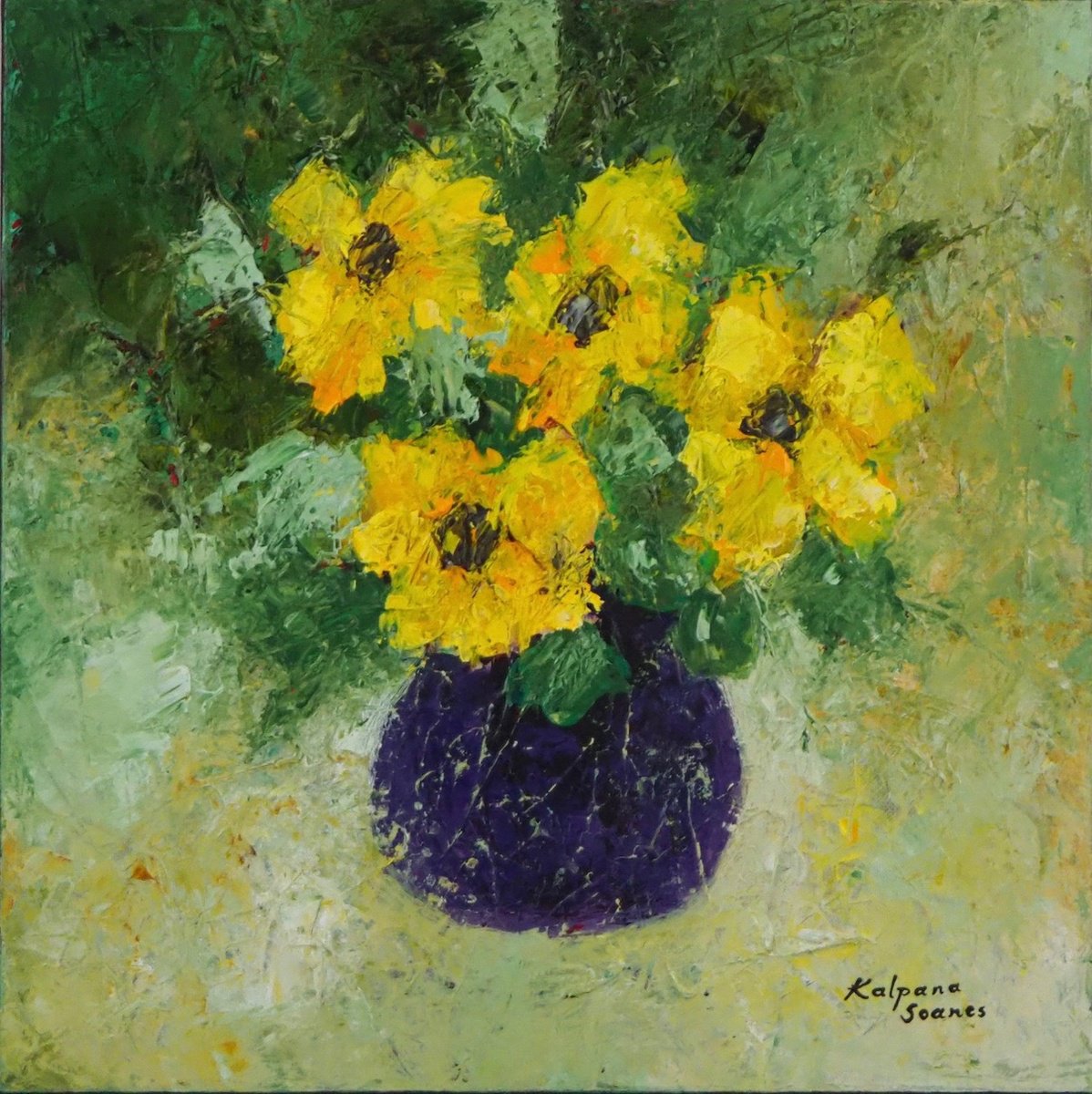 Impressionistic Botanical Acrylic Painting By Kalpana Soanes, 20 X 20", Joyful Spring, Original Artwork