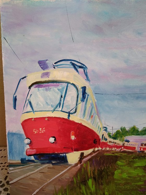 Tram depot. Pleinair painting