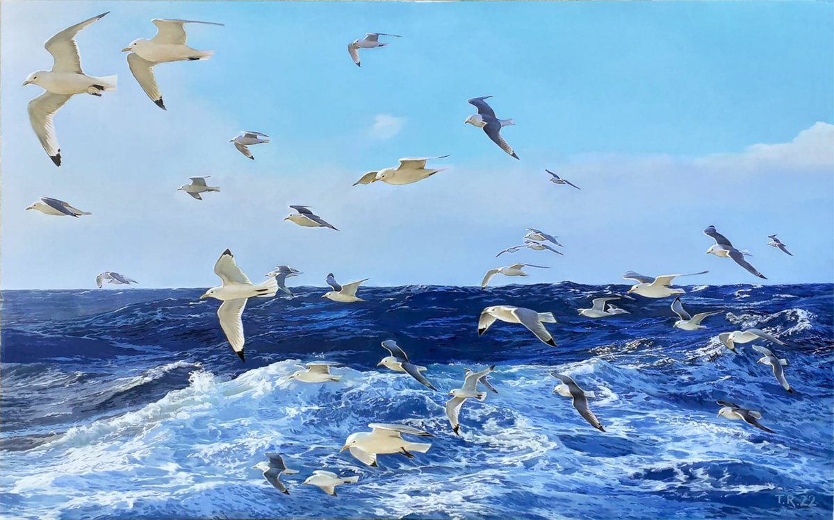 Impressionistic Animal Oil Painting By Tatiana Rezvaya, 50 X 34", Seagulls, Original Artwork